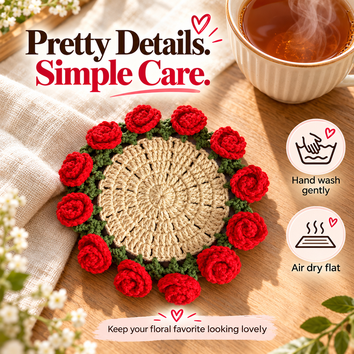 Handmade coasters made from floral yarn