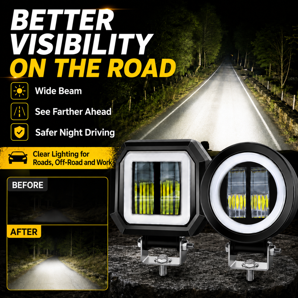 20W Round Automotive LED Work Light, Off-Road Light, Work Light, Fog Light with Light Ring and Angel Eyes, Default White Light