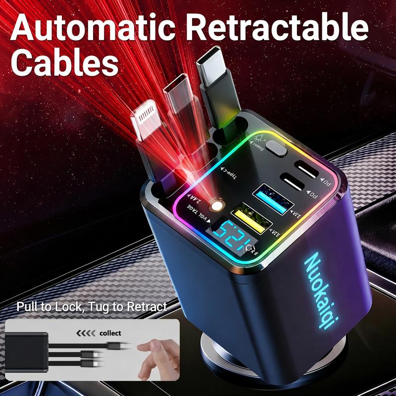 ⏳Limited-time 50% off⏰Fast Charging 7-in-1 Retractable Fast Car Charger with Voltage Display – USB-C For Android&Lighting For APPLE🔋📱