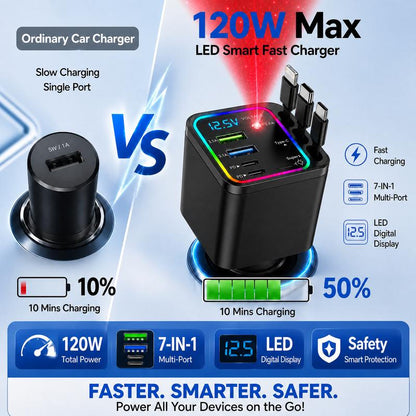 ⏳Limited-time 50% off⏰Fast Charging 7-in-1 Retractable Fast Car Charger with Voltage Display – USB-C For Android&Lighting For APPLE🔋📱