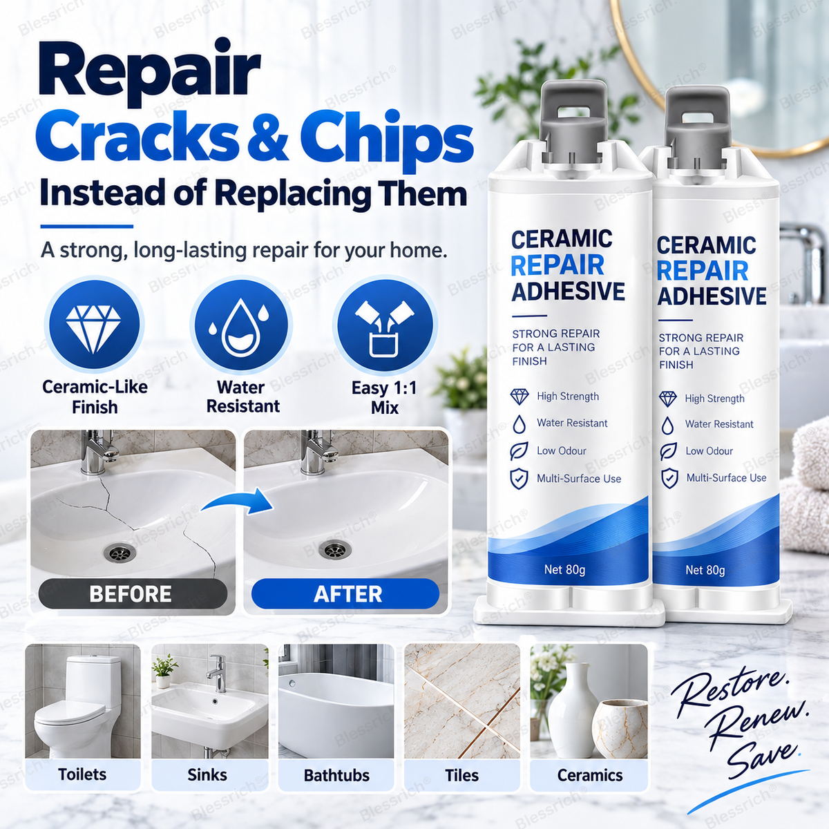 ✨ Give Damaged Surfaces a Second Life! 🛠️ 80g Ceramic Repair Compound for Toilets, Sinks, Tubs, Tiles & Marble 🚽🚰🛁