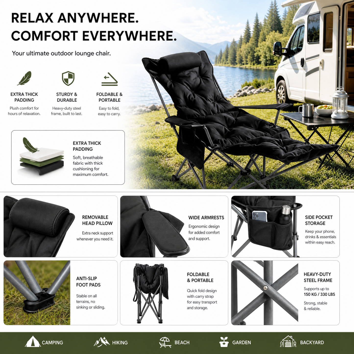 🪑 70% OFF! 🌿 Portable, adjustable folding chair for outdoor use – Lightweight, sturdy & versatile – Ideal for the garden, camping, the beach or the patio – easy to carry and set up 🏕️✨