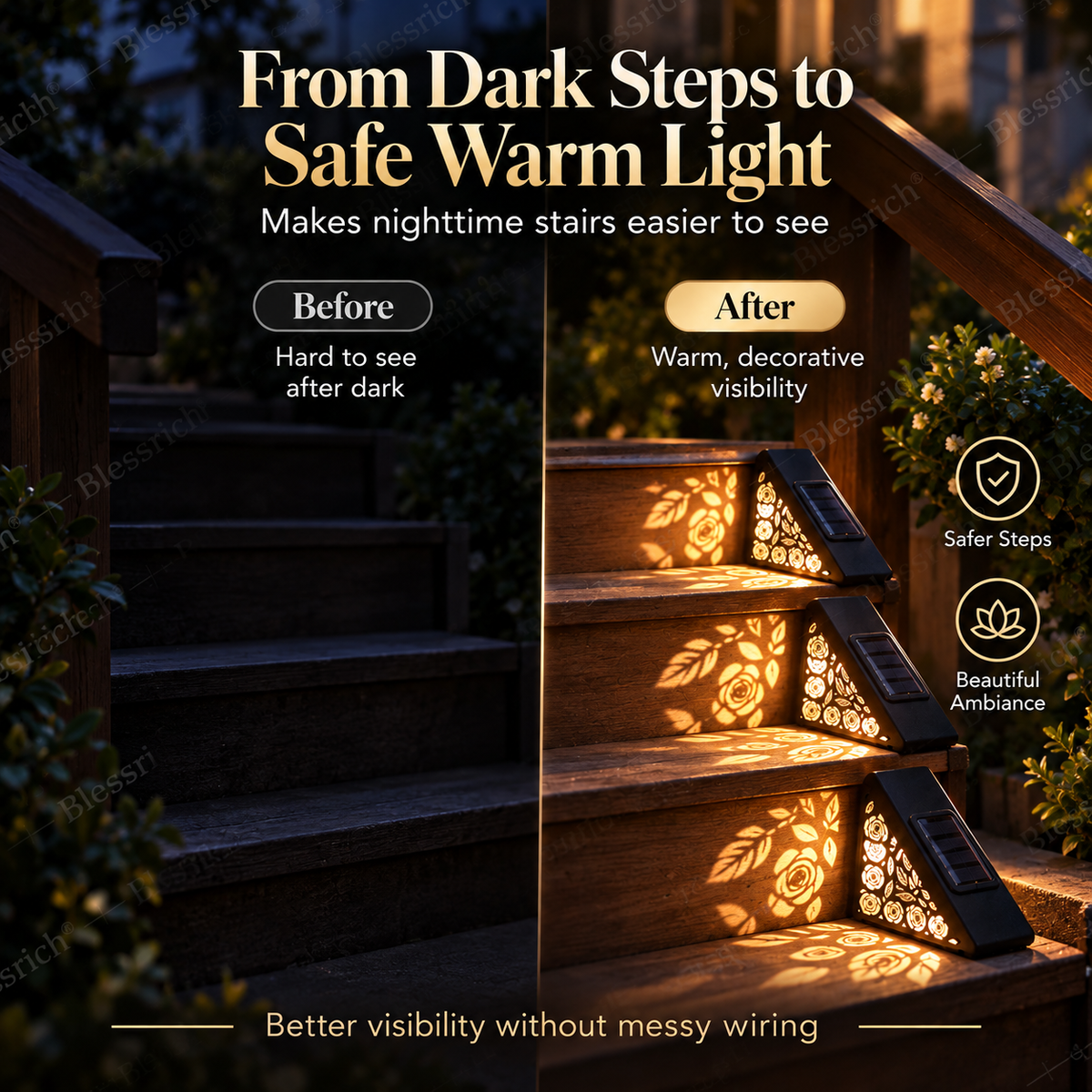 🌙 50% OFF NOW! Solar Motion Sensor Step Lights – Warm Floral Glow Outdoor Stair Lights, Automatic Night Lighting, No Wiring Required for Gardens, Decks & Pathways