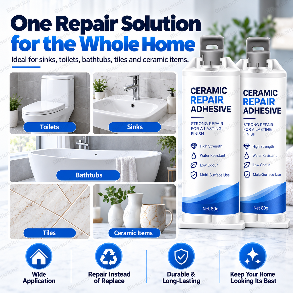 ✨ Give Damaged Surfaces a Second Life! 🛠️ 80g Ceramic Repair Compound for Toilets, Sinks, Tubs, Tiles & Marble 🚽🚰🛁