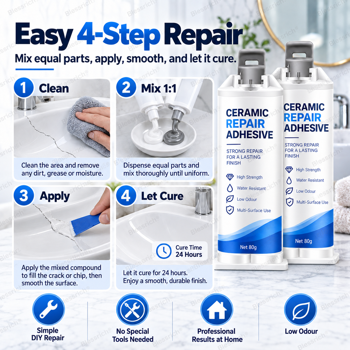 ✨ Give Damaged Surfaces a Second Life! 🛠️ 80g Ceramic Repair Compound for Toilets, Sinks, Tubs, Tiles & Marble 🚽🚰🛁