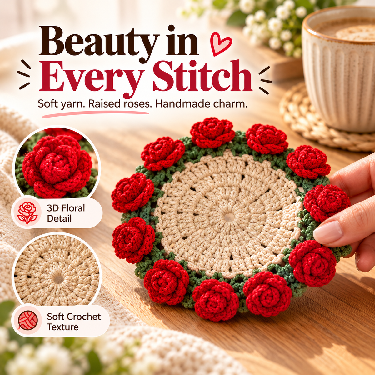 Handmade coasters made from floral yarn