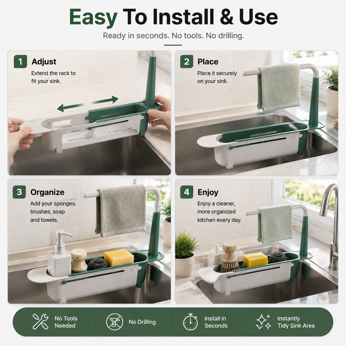 🔥Limited Time Promotion 50% OFF🔥2-in-1 Sink Organizer Rack – Expandable Sponge Holder & Kitchen Towel Drying Bar