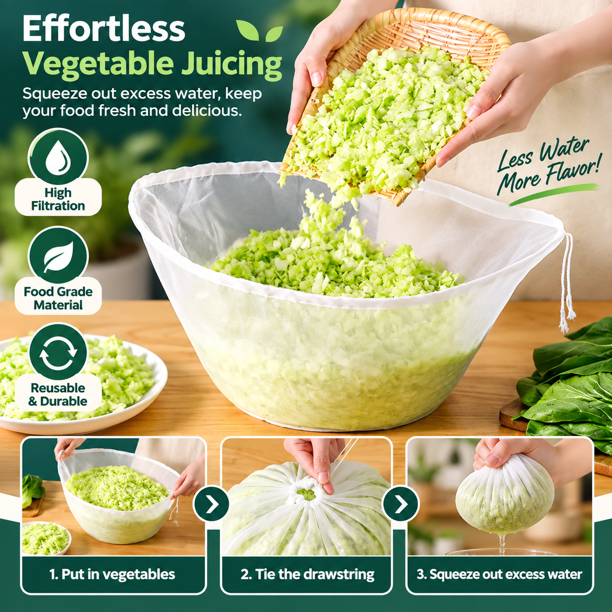 🥬50% OFF NOW! No-Mess Fine Mesh Nylon Strain Bag – Reusable Food Filter Bag for Squeezing Vegetable Water, Straining Juice, Nut Milk & Dumpling Filling, Drawstring Food Strainer Bag for Kitchen