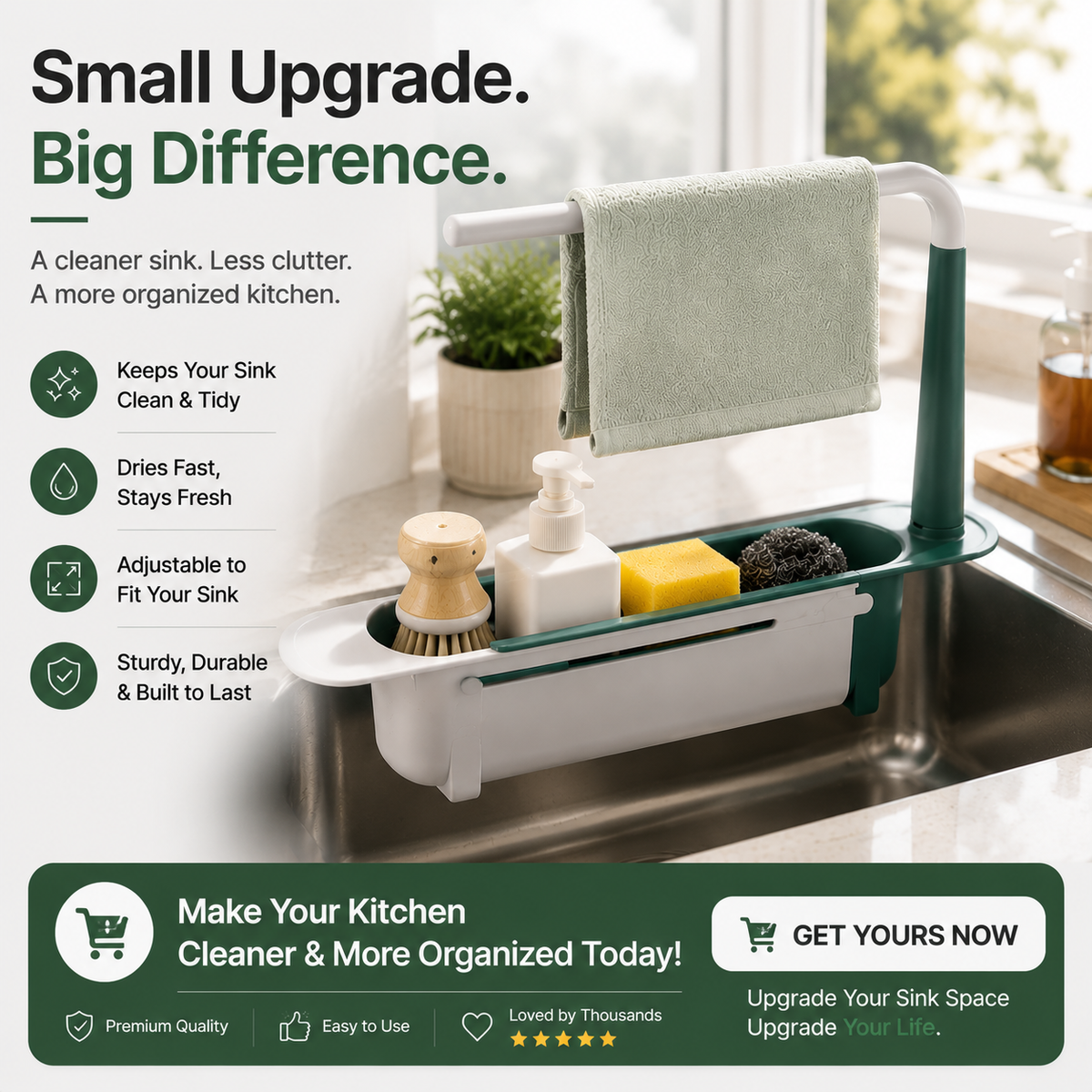 🔥Limited Time Promotion 50% OFF🔥2-in-1 Sink Organizer Rack – Expandable Sponge Holder & Kitchen Towel Drying Bar