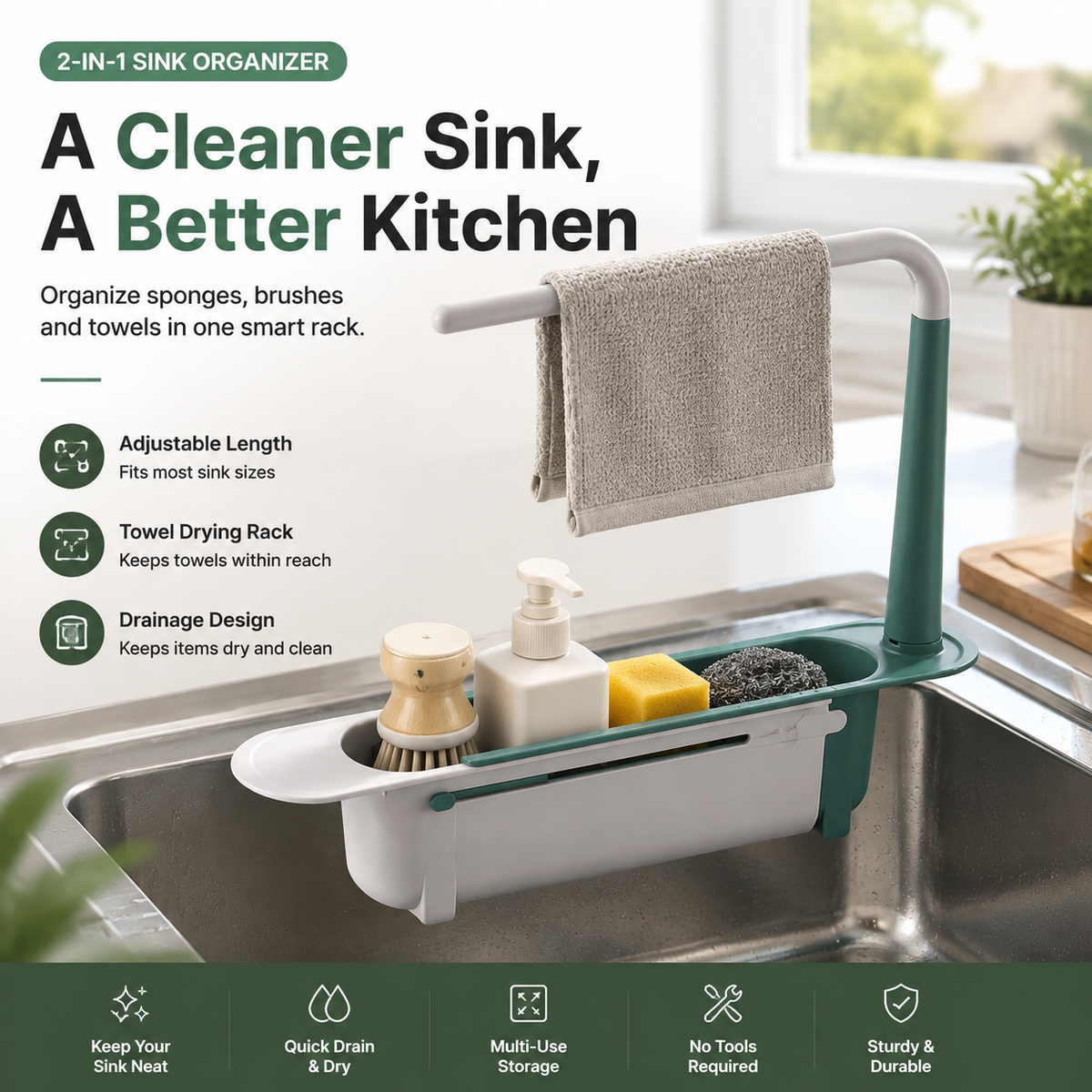 🔥Limited Time Promotion 50% OFF🔥2-in-1 Sink Organizer Rack – Expandable Sponge Holder & Kitchen Towel Drying Bar