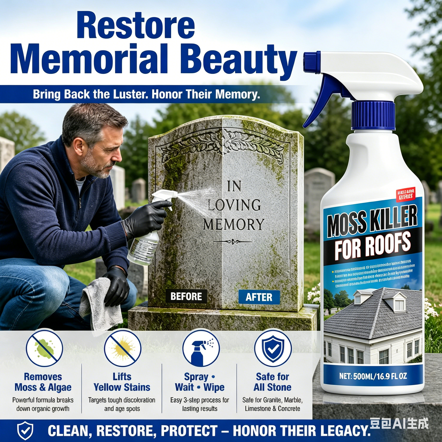 Cleaning and restoration spray for gravestones