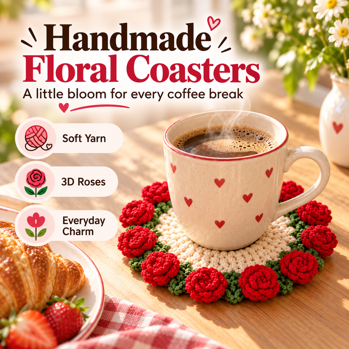 Handmade coasters made from floral yarn