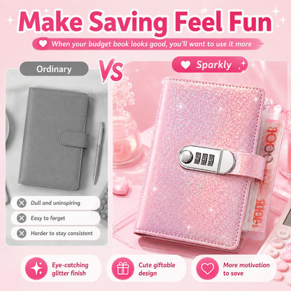 ✨ SparkleLock Cash Savings Binder with 3-Digit Combination Lock – 100-Page Cash Stuffing Budget Organizer for Savings Challenges, Money Goals & Gifts 💖