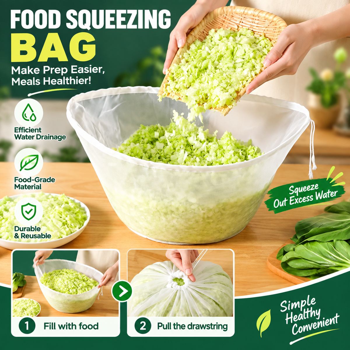 🥬50% OFF NOW! No-Mess Fine Mesh Nylon Strain Bag – Reusable Food Filter Bag for Squeezing Vegetable Water, Straining Juice, Nut Milk & Dumpling Filling, Drawstring Food Strainer Bag for Kitchen