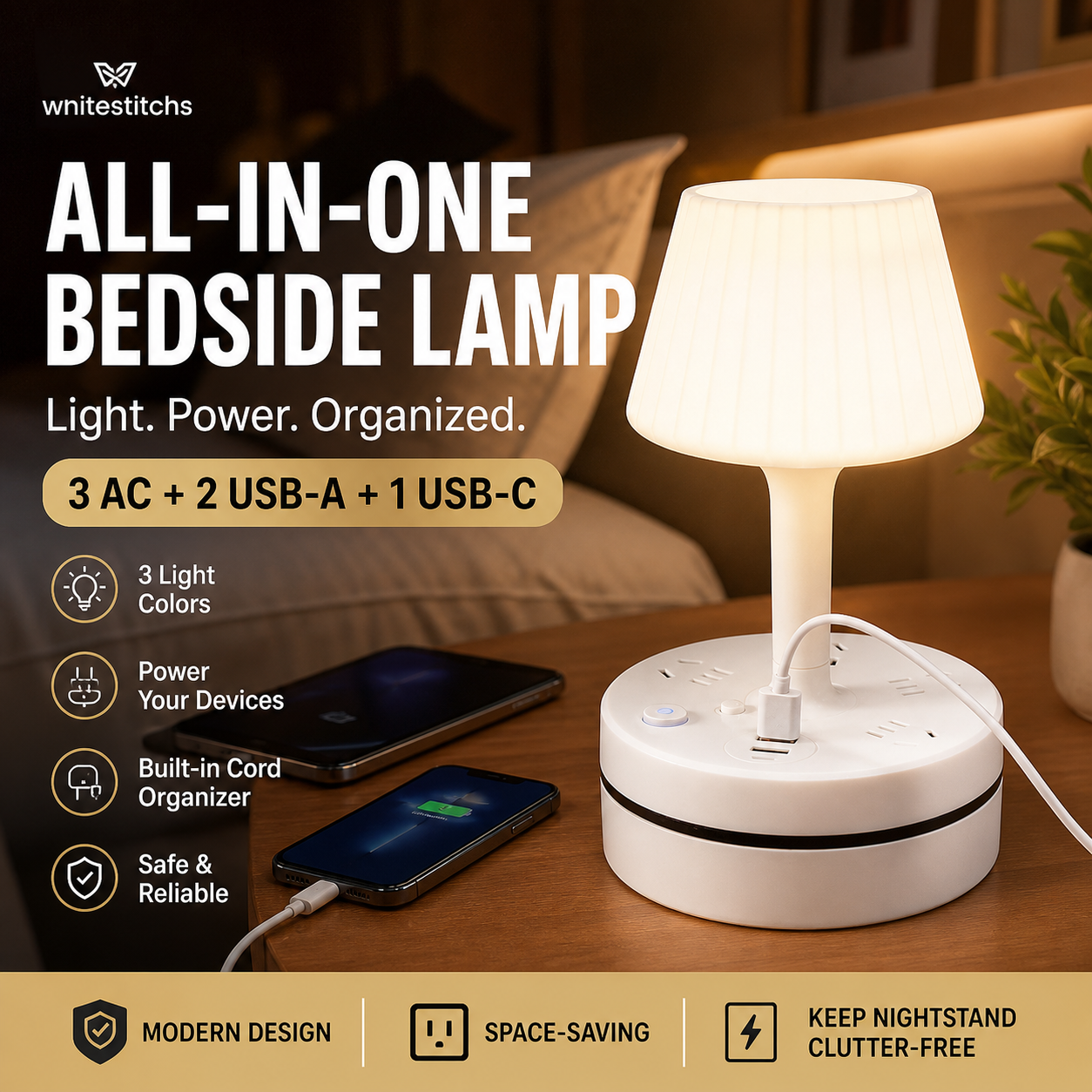💡🔌 Bedside Lamp with USB & AC Outlets – 50% OFF! 3/4 AC, 2 USB, 1 Type-C – charge devices while you sleep. ⭐🏠