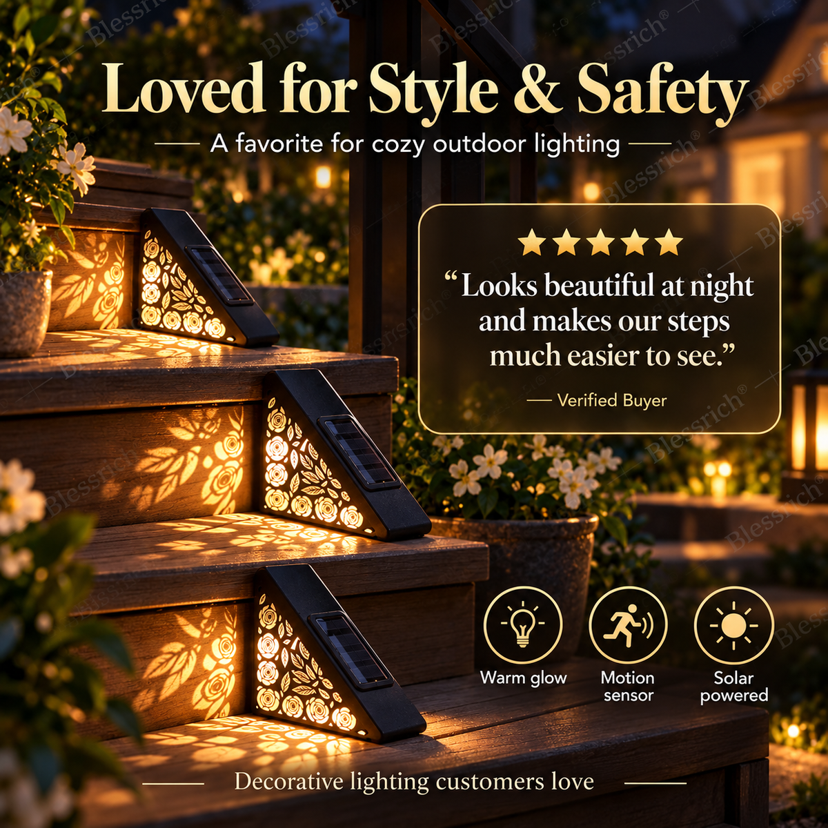🌙 50% OFF NOW! Solar Motion Sensor Step Lights – Warm Floral Glow Outdoor Stair Lights, Automatic Night Lighting, No Wiring Required for Gardens, Decks & Pathways