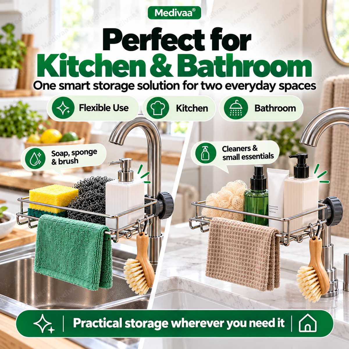Stainless steel storage rack for the kitchen sink