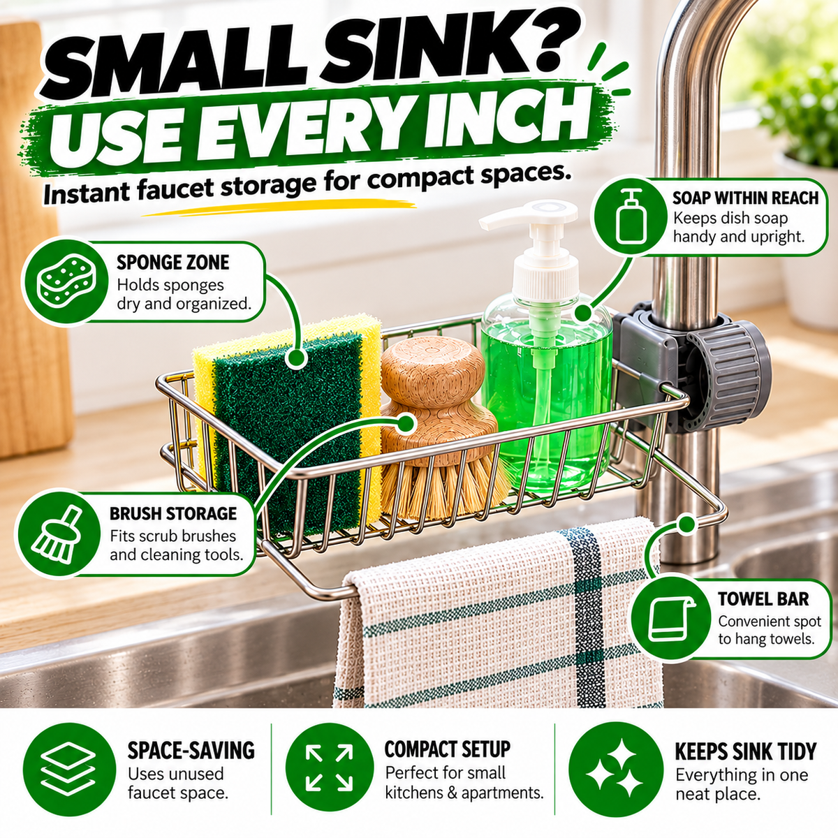 Stainless steel storage rack for the kitchen sink