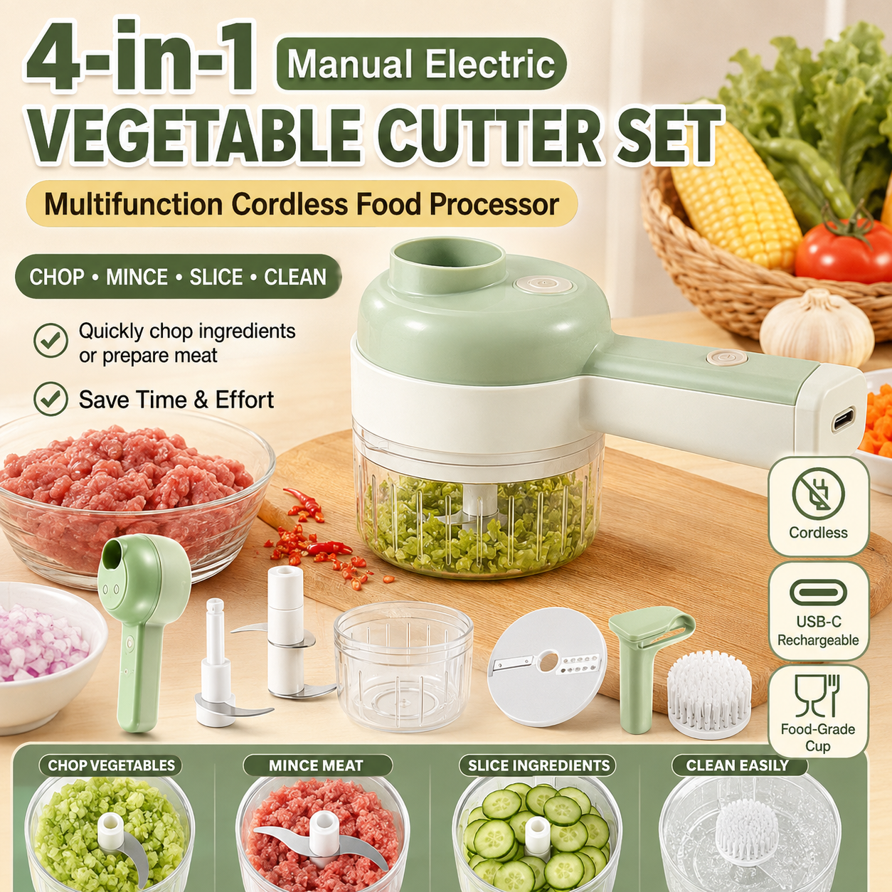 4-in-1 manual electric vegetable cutter setMultifunction cordless food processor