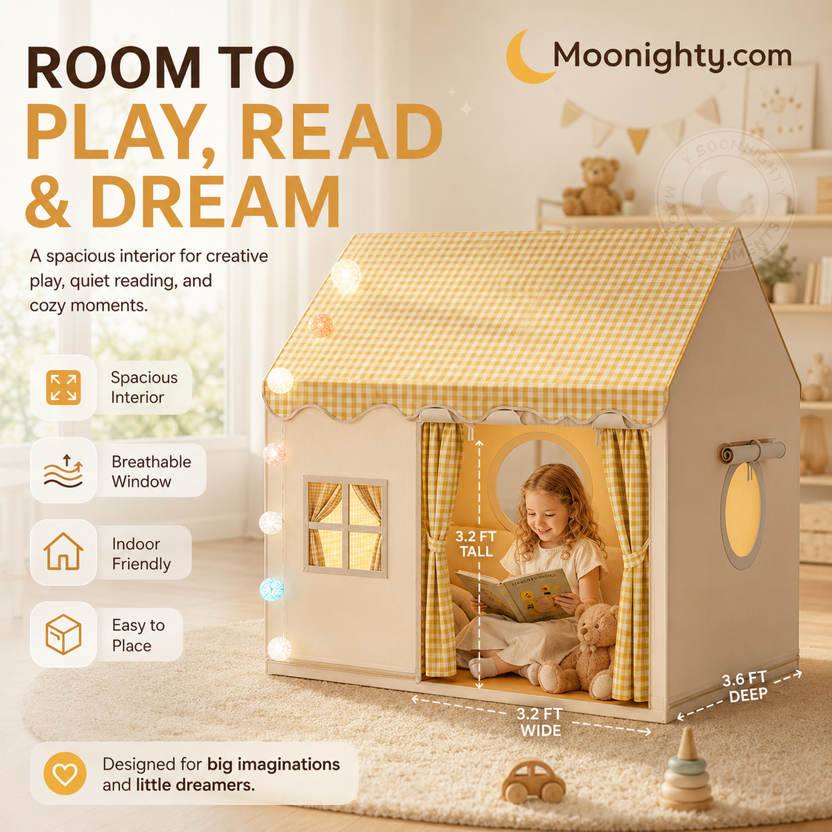 🎁50% OFF NOW! Dream Kids Play Tent House – Cozy Indoor Playhouse with Checkered Curtain, Private Play Space for Toddlers, Cute Reading Nook & Gift for Children