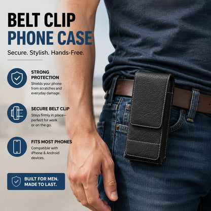 Belt Phone Holder with Magnetic Closure – Sturdy Smartphone Holster with Clip, Belt Loop & Card Slot