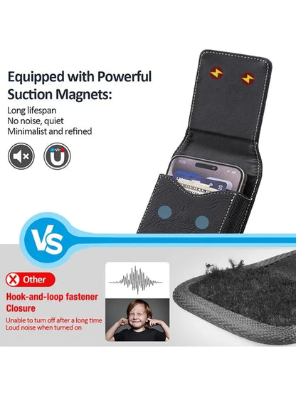 Belt Phone Holder with Magnetic Closure – Sturdy Smartphone Holster with Clip, Belt Loop & Card Slot