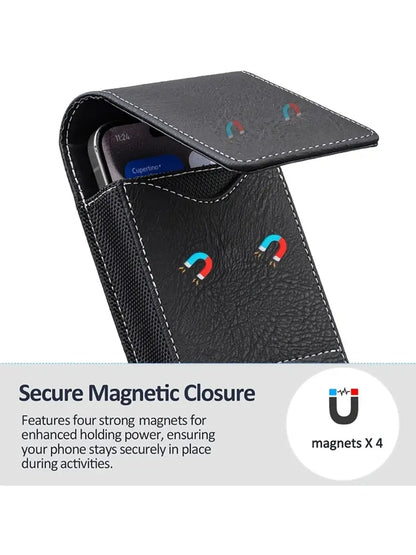Belt Phone Holder with Magnetic Closure – Sturdy Smartphone Holster with Clip, Belt Loop & Card Slot