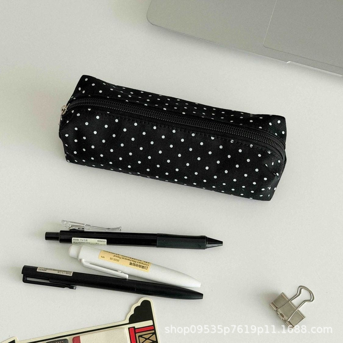Canvas Polka Dot Pencil Case - Korean Style, Simple, High-Aesthetic Stationery Pouch for Middle/High School Girls