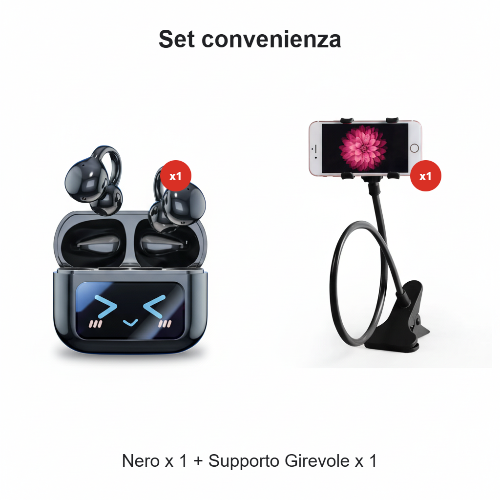 Clip-on earphones with color screen, support 134 languages, Bluetooth V6.0, are waterproof, have an ergonomic design, and offer up to 40 hours of battery life.