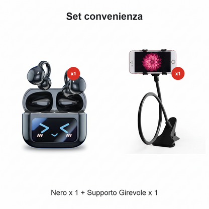 Clip-on earphones with color screen, support 134 languages, Bluetooth V6.0, are waterproof, have an ergonomic design, and offer up to 40 hours of battery life.