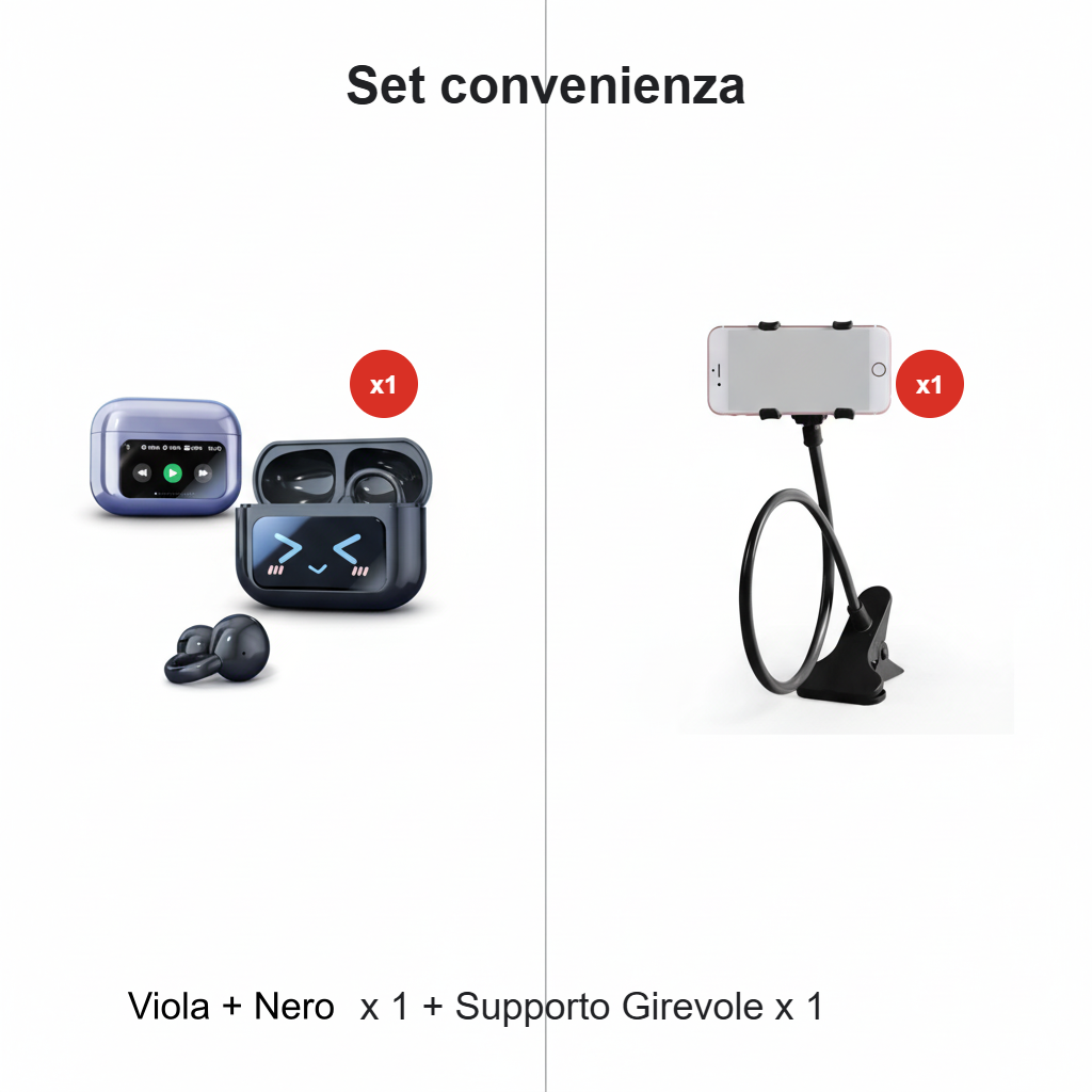 Clip-on earphones with color screen, support 134 languages, Bluetooth V6.0, are waterproof, have an ergonomic design, and offer up to 40 hours of battery life.