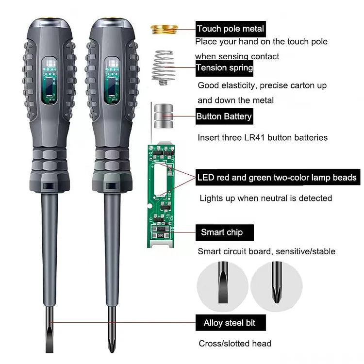 2-in-1 Voltage Tester Pen & Magnetic Screwdriver – AC/DC Neon Display, Anti-Slip Handle, Slotted & Phillips Bits, Pocket-Sized Circuit Detector