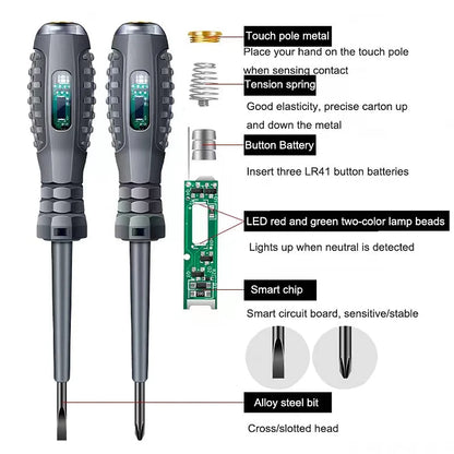 2-in-1 Voltage Tester Pen & Magnetic Screwdriver – AC/DC Neon Display, Anti-Slip Handle, Slotted & Phillips Bits, Pocket-Sized Circuit Detector