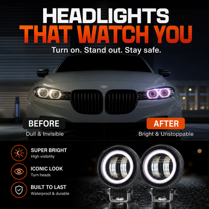 20W Round Automotive LED Work Light, Off-Road Light, Work Light, Fog Light with Light Ring and Angel Eyes, Default White Light