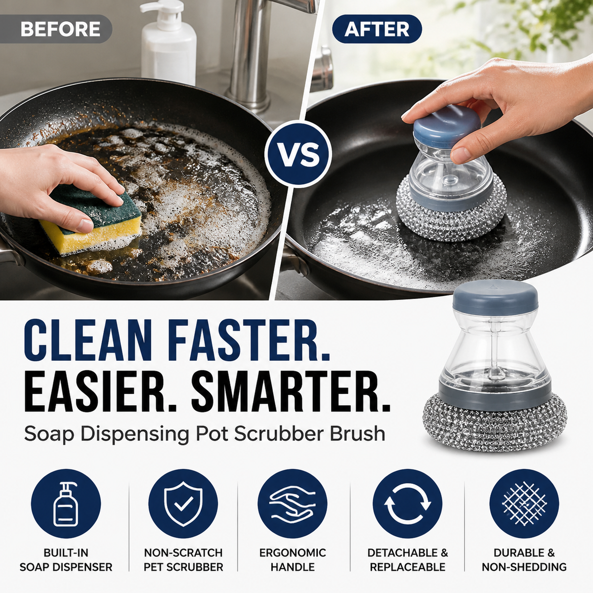 🥳HOT SALE🥳💞10K+ SOLD! Scrubber Brush! Built-in soap, non-scratch & ergonomic. Clean pots easily – grab yours! ✅