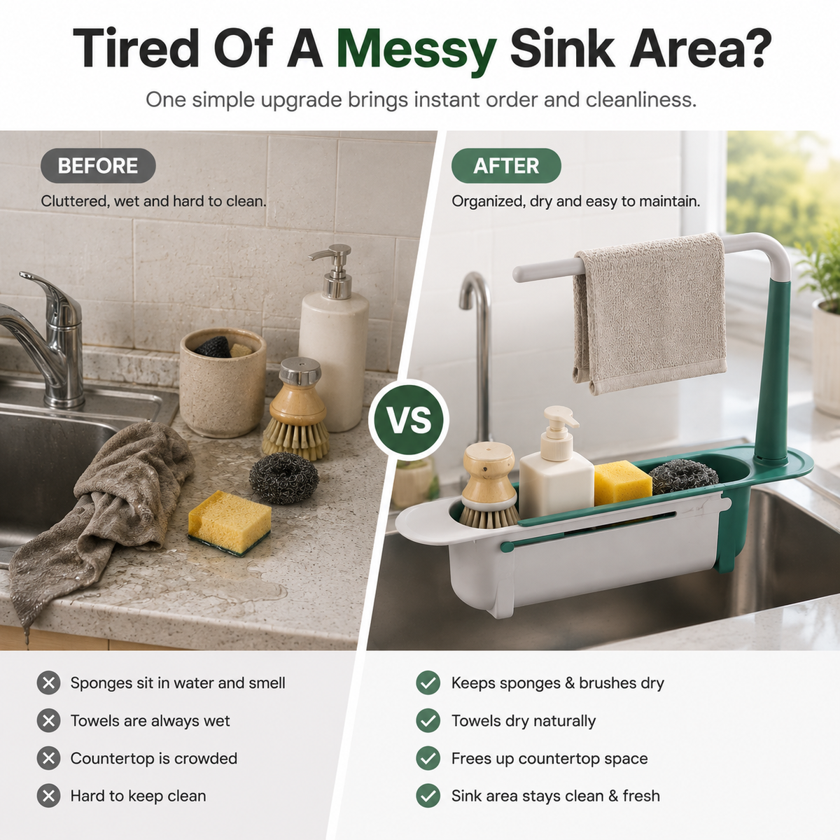 🔥Limited Time Promotion 50% OFF🔥2-in-1 Sink Organizer Rack – Expandable Sponge Holder & Kitchen Towel Drying Bar