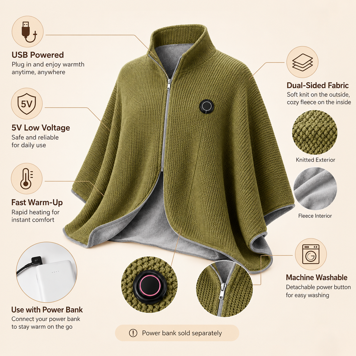 💥 HALF PRICE — £22.99TODAY ONLY! 🔥Wearable Heated Shawl 3 Heat Levels Portable Thermal Wrap