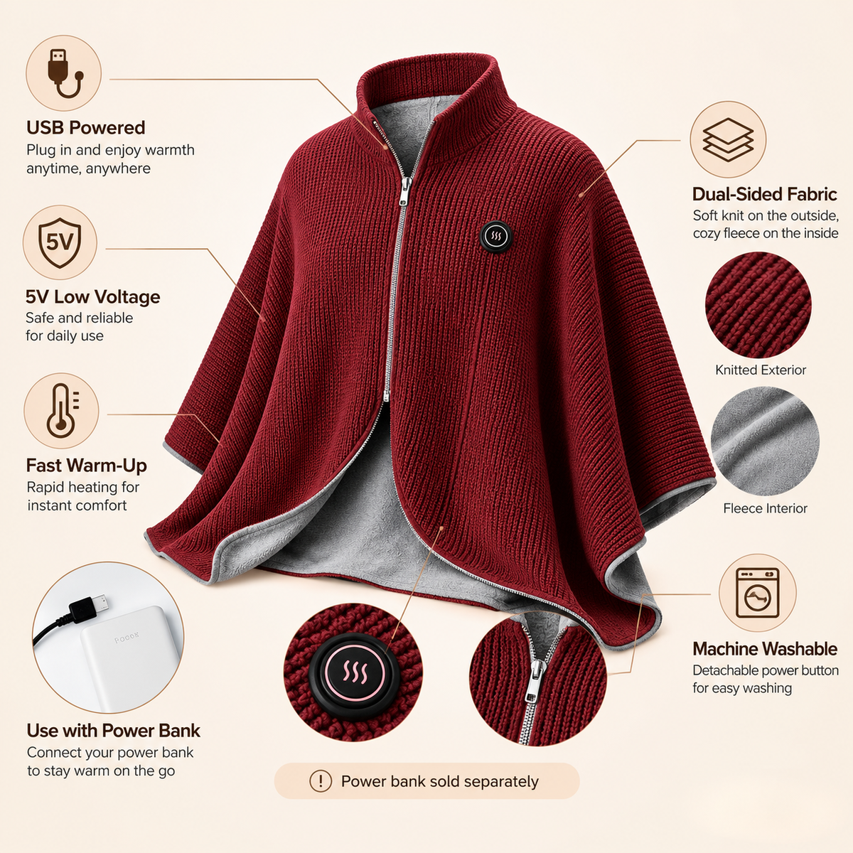 💥 HALF PRICE — £22.99TODAY ONLY! 🔥Wearable Heated Shawl 3 Heat Levels Portable Thermal Wrap