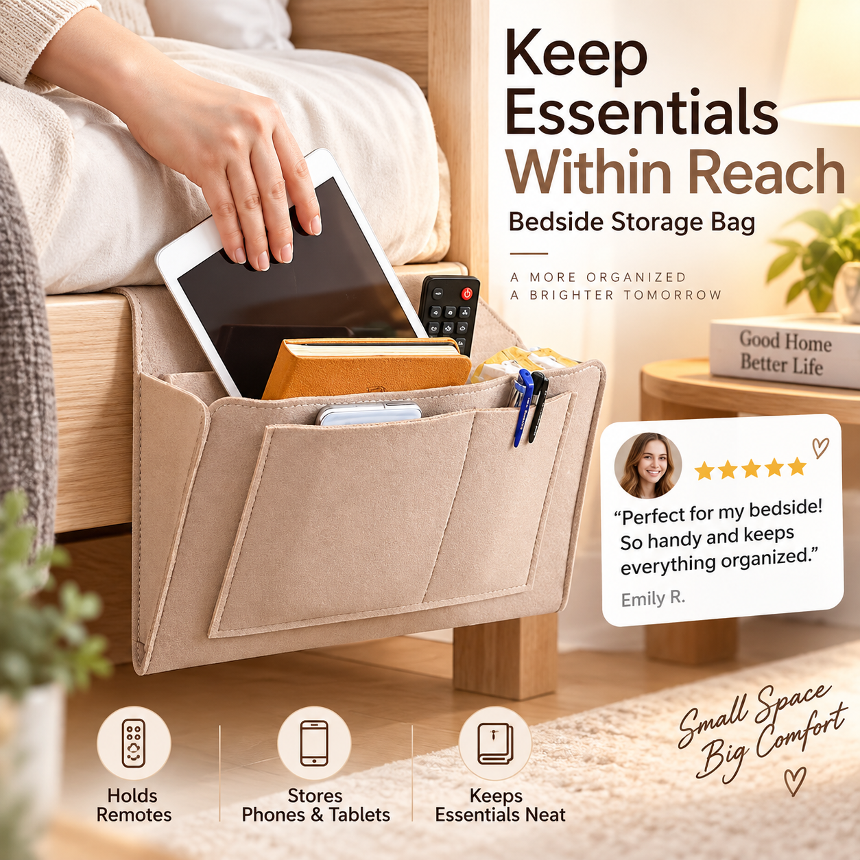 Organize Bedside Instantly! No-Tool Slide-In Storage Organizer