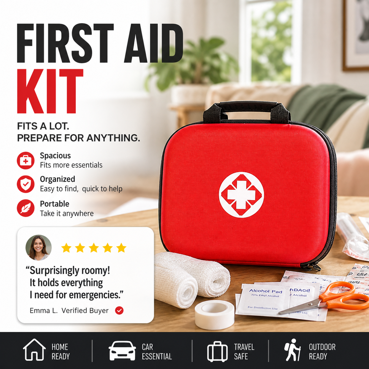 First Aid Kit: Portable Home Emergency Kit—Complete with Accessories | 26-Piece Set