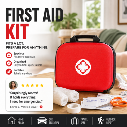 First Aid Kit: Portable Home Emergency Kit—Complete with Accessories | 26-Piece Set