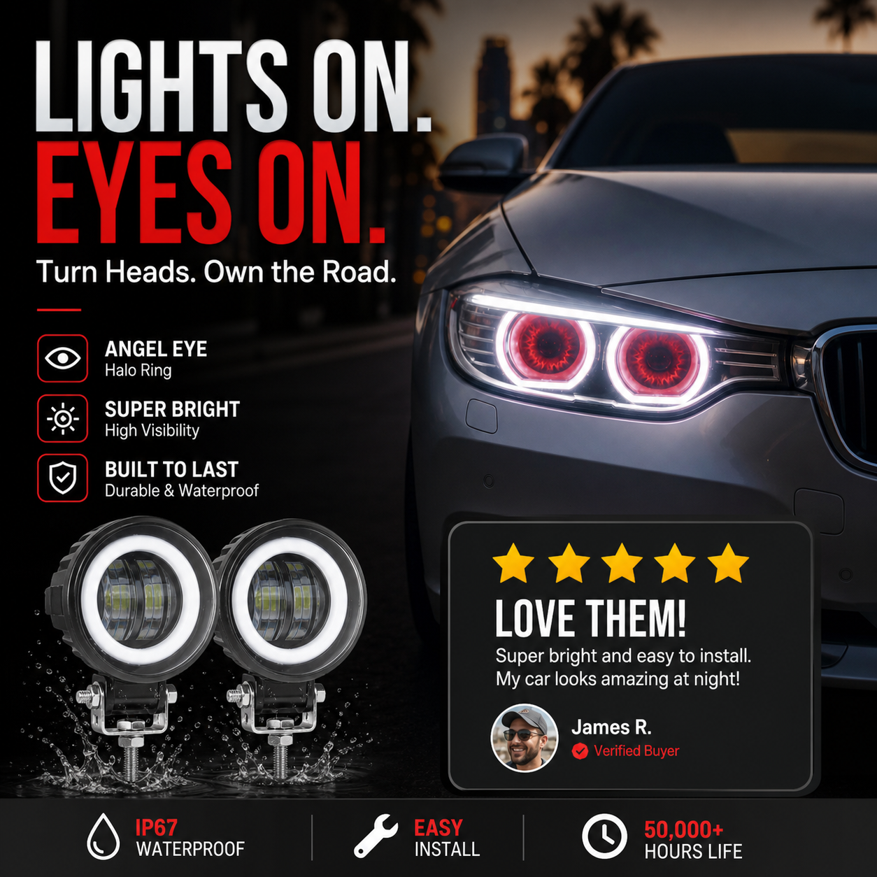 20W Round Automotive LED Work Light, Off-Road Light, Work Light, Fog Light with Light Ring and Angel Eyes, Default White Light