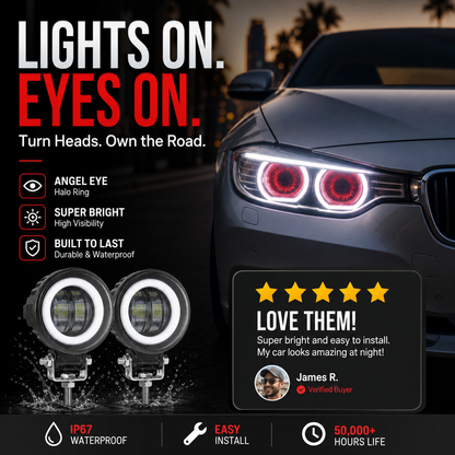 20W Round Automotive LED Work Light, Off-Road Light, Work Light, Fog Light with Light Ring and Angel Eyes, Default White Light