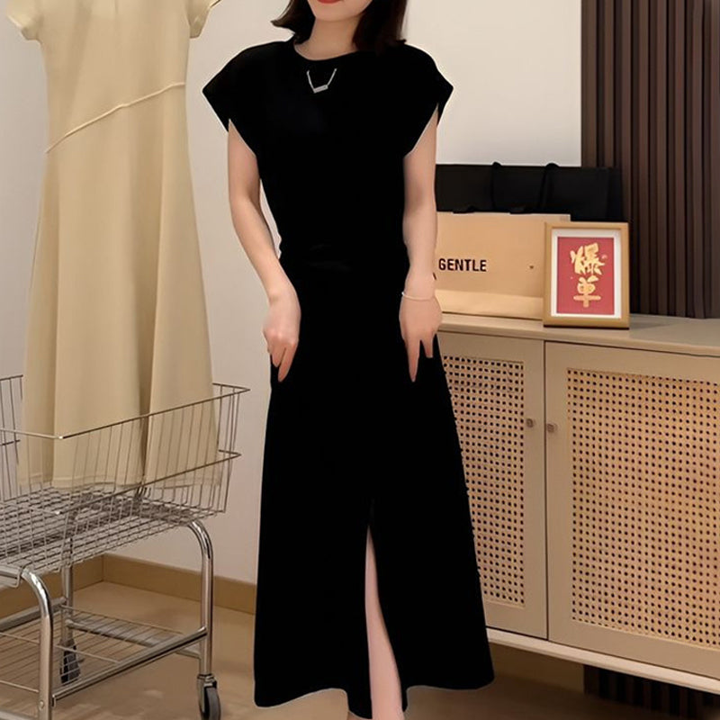 Elegant Solid Color Waist Tie Side Split Dress