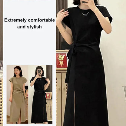 Elegant Solid Color Waist Tie Side Split Dress