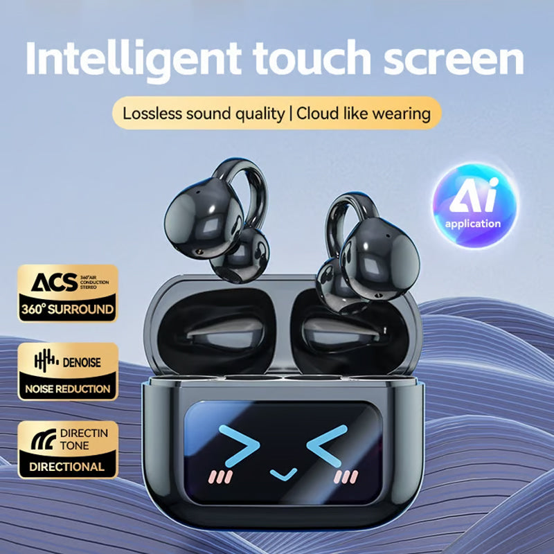 Clip-on earphones with color screen, support 134 languages, Bluetooth V6.0, are waterproof, have an ergonomic design, and offer up to 40 hours of battery life.
