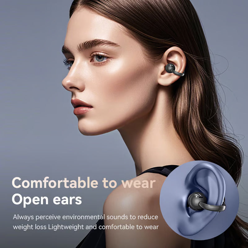 Clip-on earphones with color screen, support 134 languages, Bluetooth V6.0, are waterproof, have an ergonomic design, and offer up to 40 hours of battery life.