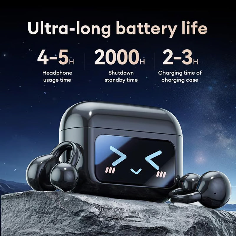 Clip-on earphones with color screen, support 134 languages, Bluetooth V6.0, are waterproof, have an ergonomic design, and offer up to 40 hours of battery life.