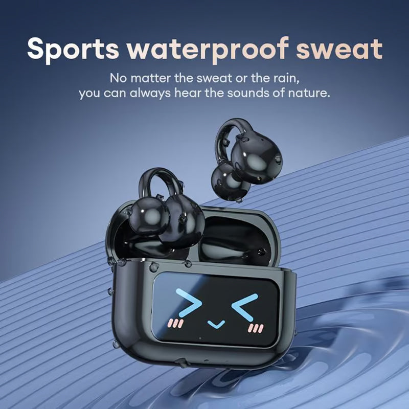 Clip-on earphones with color screen, support 134 languages, Bluetooth V6.0, are waterproof, have an ergonomic design, and offer up to 40 hours of battery life.