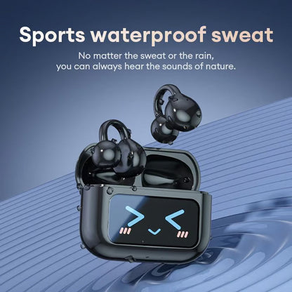 Clip-on earphones with color screen, support 134 languages, Bluetooth V6.0, are waterproof, have an ergonomic design, and offer up to 40 hours of battery life.